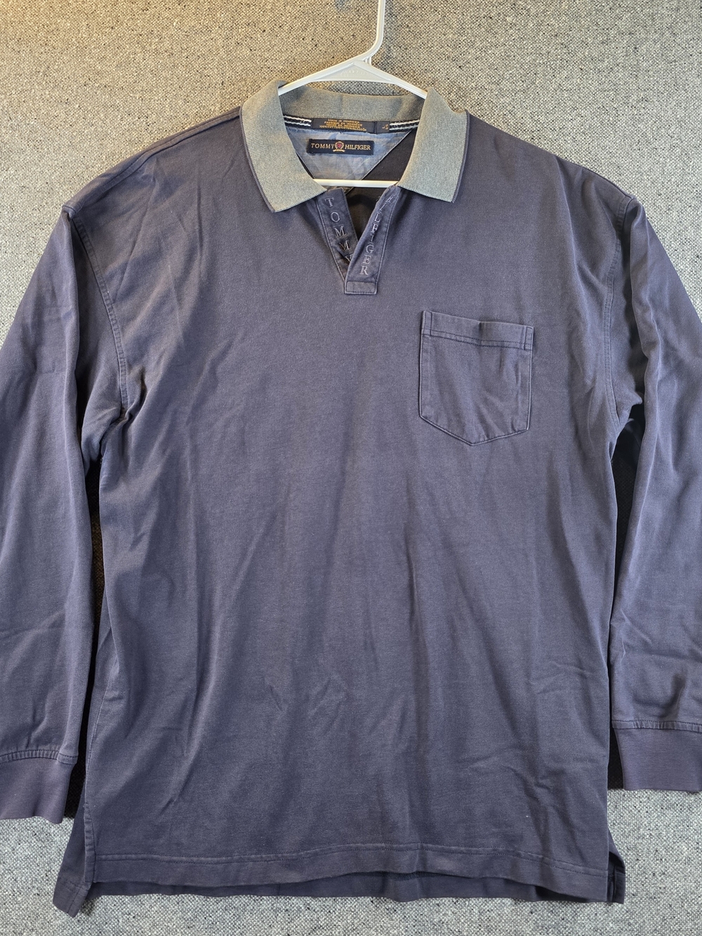 Tommy Hilfiger Men's Large Long Sleeve Polo Shirt Navy Spellout Pocket Cotton